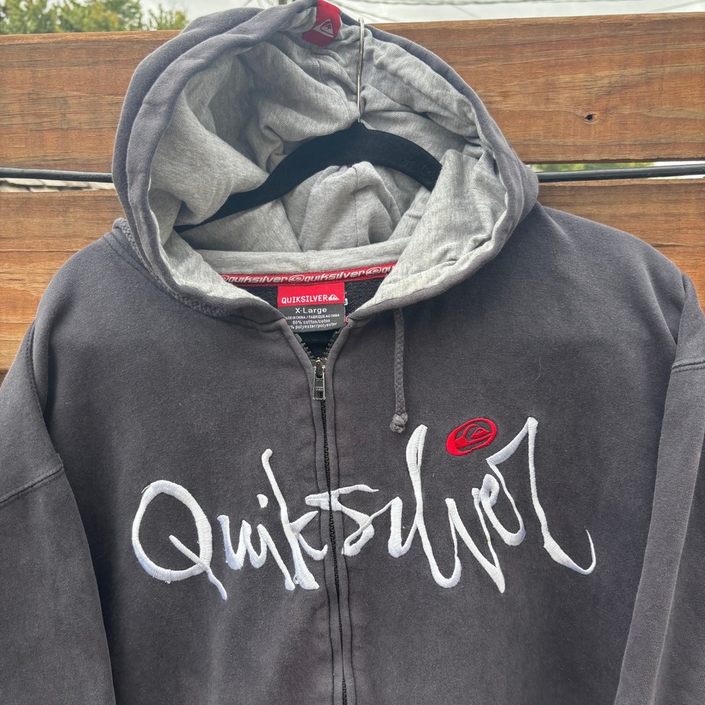 Quiksilver Zip Hoodie Mens XL Black Faded Fair Script Logo Surf Skate Sweatshirt